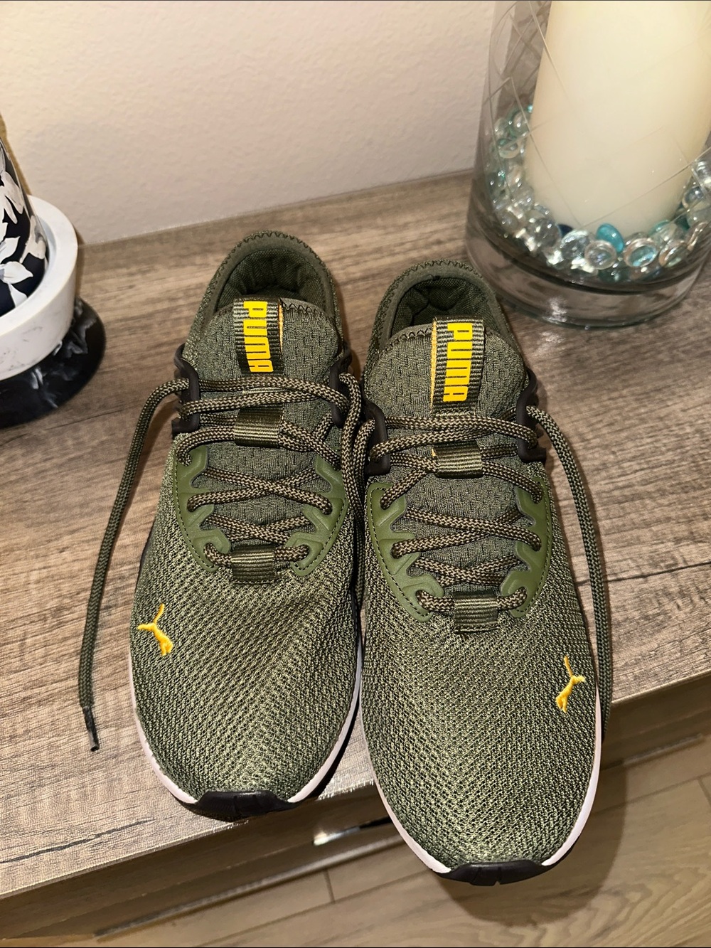 Puma Men's Olive Green Athletic Sneakers with Yellow Accents